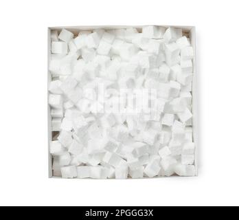 Cardboard box with styrofoam cubes isolated on white, top view Stock Photo
