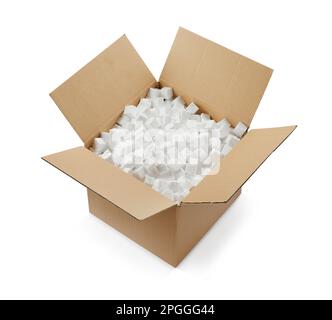 Cardboard box with styrofoam cubes isolated on white Stock Photo