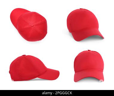 Set with red beige baseball caps on white background Stock Photo