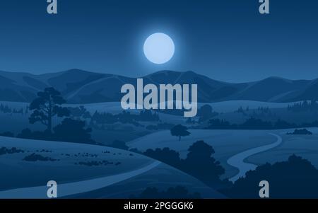 Calm night landscape in countryside with full moon Stock Vector