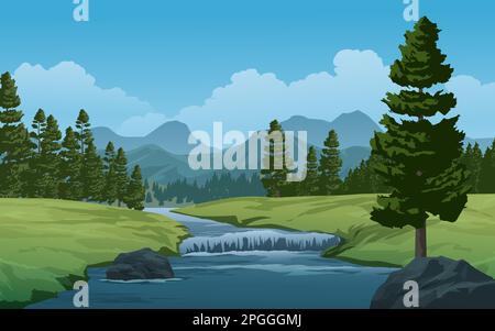 Beautiful forest landscape with mountain and river Stock Vector