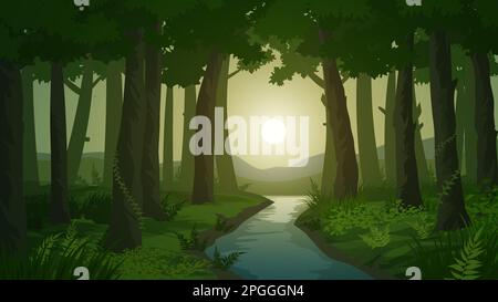 Dramatic forest sunrise illustration with small river Stock Vector