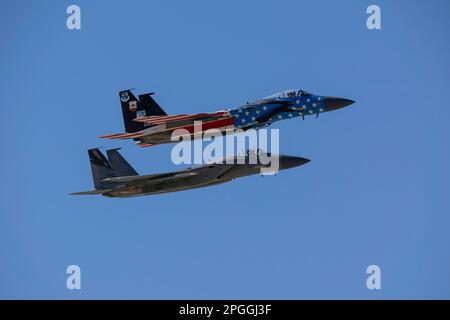 Lone Pine, CA - November 10, 2022: USAF F-15 Fighters Jet Flying Low Level on the Sidewinder-D low-level path. Stock Photo