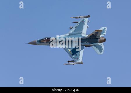 Las Vegas, NV - January 23, 2023: F-16 Fighter Jet Banks Left After Take-Off During the Red Flag 23-1 Exercise at Nellis AFB. Stock Photo