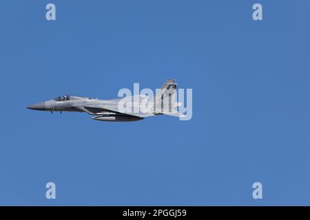 Lone Pine, CA - January 25, 2023: USAF F-15 Fighter Jet Flying Low Level on the Sidewinder-D low-level path. Stock Photo