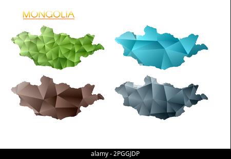 Set of vector polygonal maps of Mongolia. Bright gradient map of the country in low poly style. Stock Vector