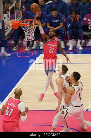 Washington, USA. 22nd Apr, 2023. WASHINGTON, DC - MARCH 22: Washington Wizards guard Monte Morris (22) goes in for a score during a NBA game between the Washington Wizards and the Denver Nuggets, on March 22, 2023, at Capital One Arena, in Washington, DC. (Photo by Tony Quinn/SipaUSA) Credit: Sipa USA/Alamy Live News Stock Photo