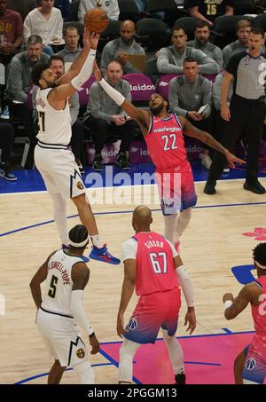 Washington, USA. 22nd Apr, 2023. WASHINGTON, DC - MARCH 22: Denver Nuggets guard Jamal Murray (27) defends on a shot by Washington Wizards guard Monte Morris (22) during a NBA game between the Washington Wizards and the Denver Nuggets, on March 22, 2023, at Capital One Arena, in Washington, DC. (Photo by Tony Quinn/SipaUSA) Credit: Sipa USA/Alamy Live News Stock Photo