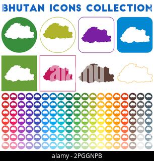 Bhutan icons collection. Bright colorful trendy map icons. Modern Bhutan badge with country map. Vector illustration. Stock Vector
