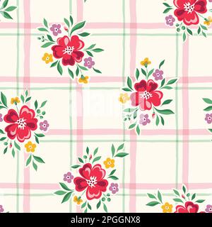 Delicate Chintz Romantic Meadow Wild Flowers and Plaid Checks Vector Seamless Pattern Stock Vector