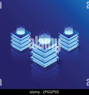 Isometric server room and big data processing concept, datacenter and data base icon. Computation of big data center, information processing. Stock Vector