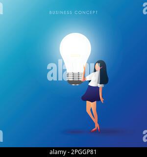 The women touch the lamp. Creative thinking  and idea concept. Vector illustration. Stock Vector