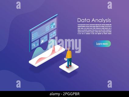 Isometric data analytics concept banner. Can use for web banner, infographics, hero images. Flat isometric vector illustrations with trendy gradients Stock Vector