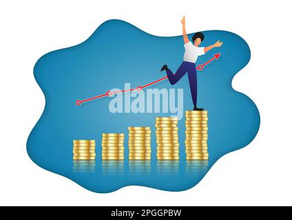 Man step up on increasing columns of gold coins. Financial chart up. vector illustration Stock Vector