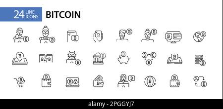 Set of 24 bitcoin icons. Worldwide cryptocurreny use. Modern technology virtual finances. Pixel perfect, editable stroke Stock Vector