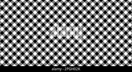 Seamless diagonal gingham pattern. Black and white vichy cage background. Checked tweed plaid repeating wallpaper. Fabric texture design. Vector  Stock Vector