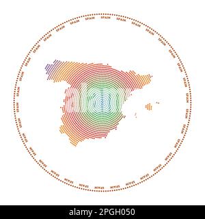 Spain round logo. Digital style shape of Spain in dotted circle with country name. Tech icon of the country with gradiented dots. Stock Vector