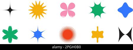 Geometric primitive shapes collection. Abstract stars and flowers forms set in Swiss or bauhaus style. Memphis elements pack for poster, banner, collage. Vector signs set.  Stock Vector