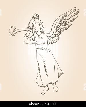 Hand drawn sketch of angel blowing trumpet. Vector illustration Stock Vector