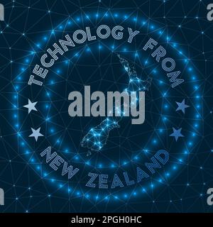 Technology From New Zealand. Futuristic geometric badge of the country. Technological concept. Round New Zealand logo. Vector illustration. Stock Vector