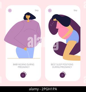 The app design with pregnancy woman. BABY KICKING. New mom comfort sleep in U shaped pillow, best positions. Pregnant women has often discomfort Stock Vector