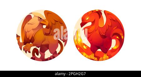 Fantasy creatures, phoenix and hippogriff. Fire bird and mythical animal characters with wings. Circle icons with fairytale beasts isolated on white background, vector cartoon illustration Stock Vector