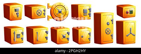 Cartoon set of yellow safe boxes isolated on white background. Vector illustration of big and small square and round vaults with closed door, digital code and metal handle. Locker for money storage Stock Vector