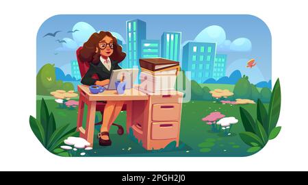 Outdoor office with woman working on laptop at table on lawn. Summer landscape with green grass, city, girl sitting at desk with notebook and paperwork, vector cartoon illustration Stock Vector