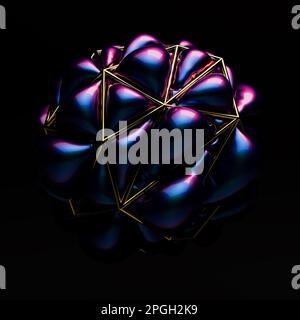 Conceptual 3D rendered gold cage with multicolored glossy balloon shape expanding out over black background. Stock Photo