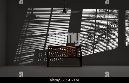 3D Illustration of an empty room with wood bench and celing fan and casted shadows of blinds and trees. Stock Photo