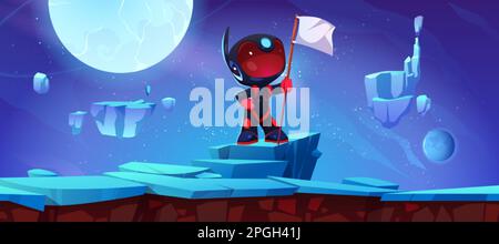 Astronaut in space on alien planet landscape with flying stones and moon. Cosmos background with cute cosmonaut in black spacesuit and helmet holding Stock Vector