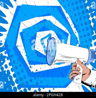 Comic book hand holding Megaphone. Cartoon illustration of a Loudspeaker on blue comics background. Pop Art announcement message concept. Stock Vector