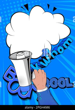 Comic book hand holding Megaphone. Cartoon illustration of a Loudspeaker on blue comics background. Pop Art announcement message concept. Stock Vector