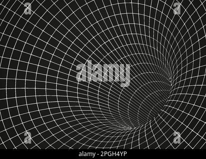 White wireframe wormhole on black, 3d funnel or portal. Graphic illusion of grid hole, line warp, abstract geometric mesh vector illustration on dark Stock Vector