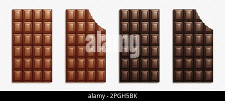 Realistic set of whole and biten chocolate bars isolated on transparent background. Vector illustration of milk dark choco dessert, brown sweet food, Stock Vector