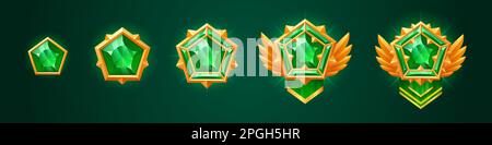 Cartoon set of emerald game rank badges isolated on background. Vector illustration of shiny pentagonal medal with green gemstone decorated with golde Stock Vector