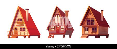 Cabins, wooden houses in forest, mountain village or camp. Small log cottages, huts with chimney, porch and stairs isolated on white background, vecto Stock Vector