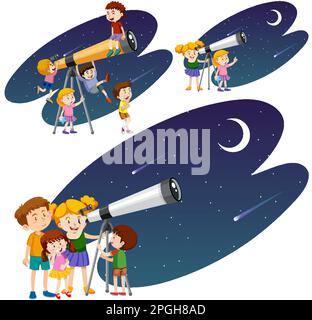 Playful Children Using Telescopes Vector Collection illustration Stock Vector