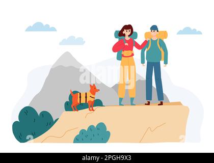 Active hiking tourists, outdoor activity camping trip. Man and woman with backpacks trekking in mountains with pet Stock Vector