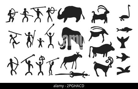 Cave painting prehistoric rock art hand drawn sketch style vector illustration set. Rock age cave paintings set with prehistoric wild animals, tribal Stock Vector