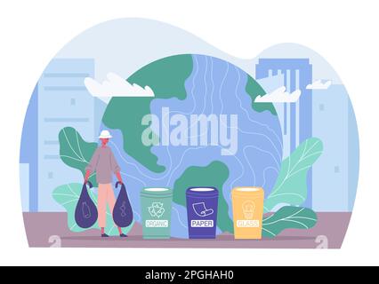 Concept waste sorting and save planet earth. Eco friendly activities, man holding bag and sorting baggage Stock Vector