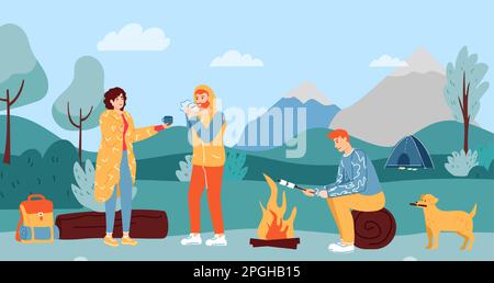 People camping. Friends having rest outdoor. Woman giving hot tea to male character. Guy sitting on log and grilling Stock Vector