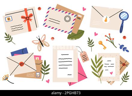 Post cards, envelopes, post stamps, craft paper letters and mail envelopes. Greeting or invitation cards Stock Vector