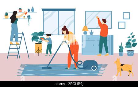 People do housework, home cleaning. Family doing household chore, woman vacuuming carpet, man mopping mirror Stock Vector