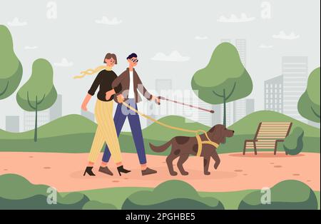 Blind couple with guide dog walking in the park. Woman going with male characters with stick outdoor. Cartoon characters Stock Vector