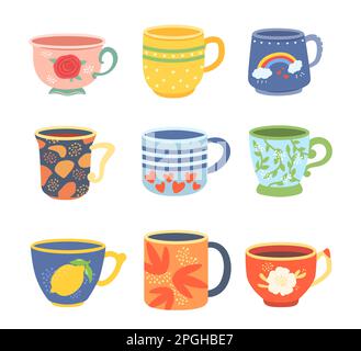 Coffee mug seamless pattern. Trendy hand drawn tea cups with ornaments and  flowers. Cozy cafe hot drinks in mugs wallpaper vector texture Stock Vector  Image & Art - Alamy