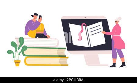 Online learning, digital workshop tutorials. Female and male students reading e-books on desktop computer Stock Vector