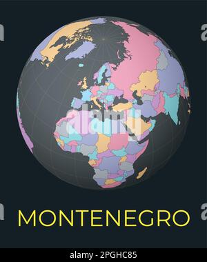 World map centered on Montenegro. Red country highlighted. Satellite world view centered on the country with name. Vector Illustration. Stock Vector