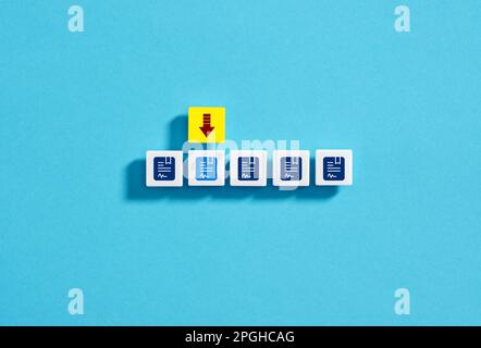 Choosing and signing the most suitable and efficient business contract. Taking the best offer by contractor. Contract icons on white blocks on blue ba Stock Photo