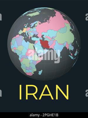World map centered on Iran. Red country highlighted. Satellite world view centered on the country with name. Vector Illustration. Stock Vector